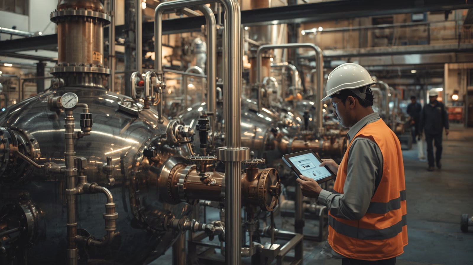 Chemical plant production floor with mixing reactors and operator monitoring batch progress on workstation