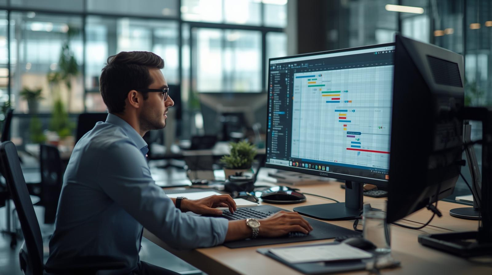 Production planner reviewing Gantt schedule on screen